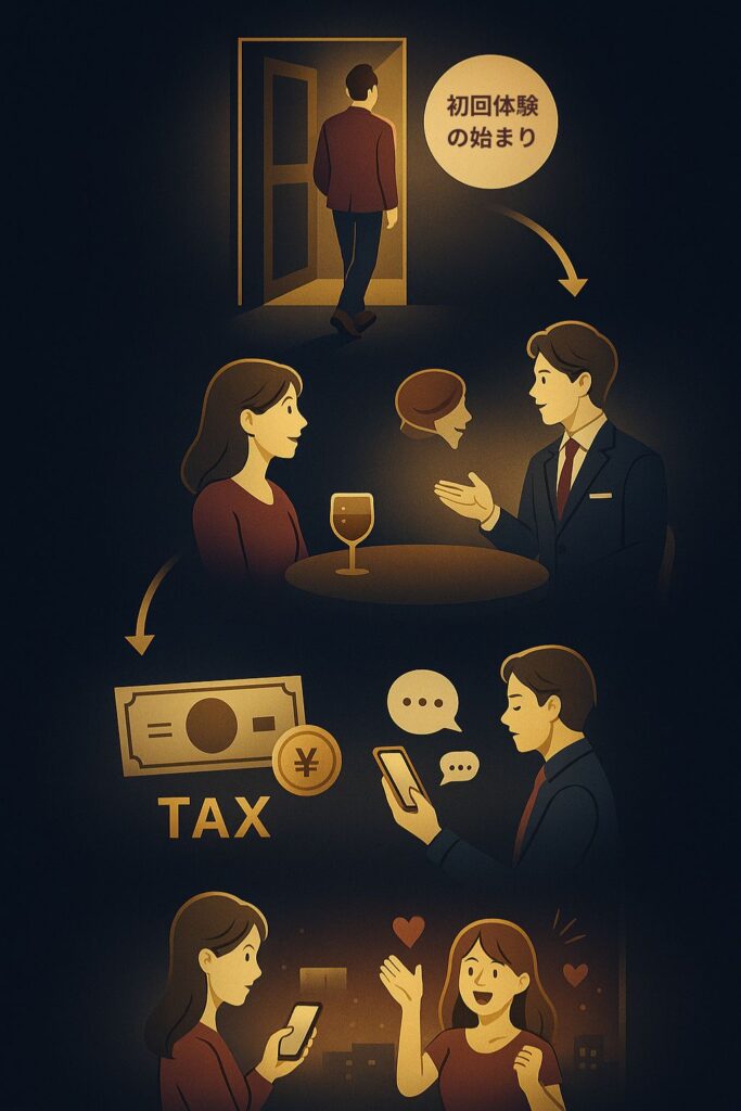 扉と男性、お酒と男女、お金、スマホをいじる男性、スマホをいじる女性