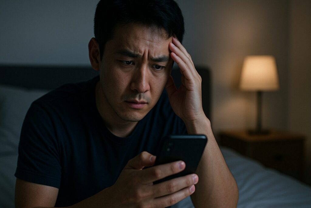 スマホを片手に悩む男性