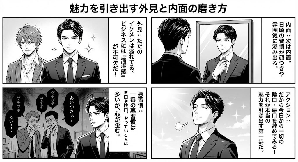 魅力を引き出す外見と中身の磨き方についての4コマ漫画